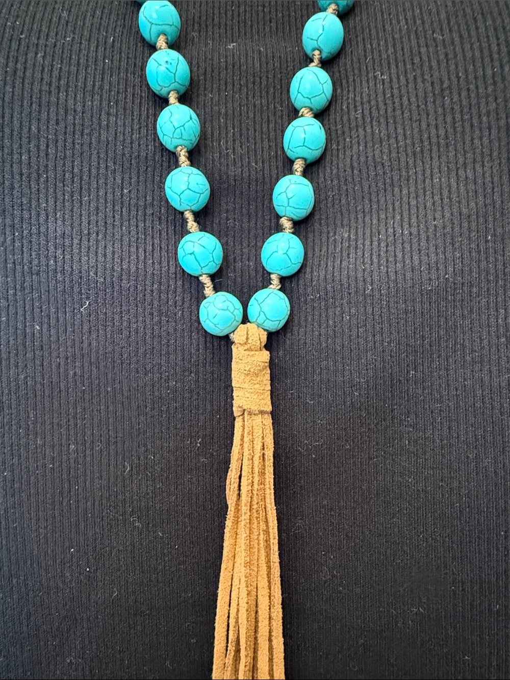 Turquoise Bead Necklace with Tan Suede Tassel